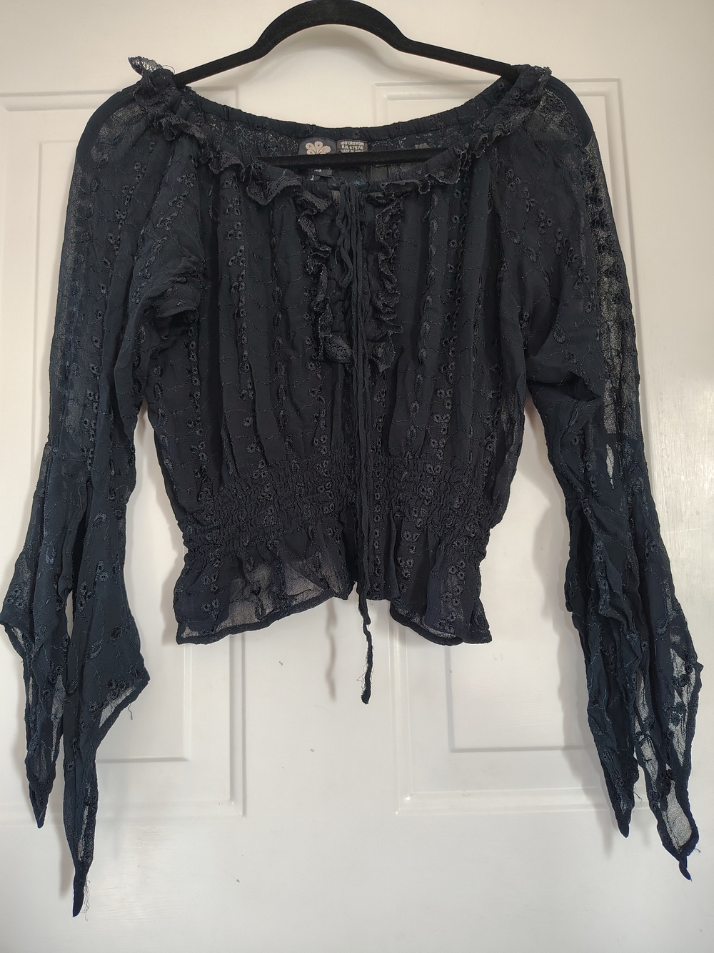 Vintage Whimsigoth Vampire Boho Eyelet Peasant Blouse - Black L